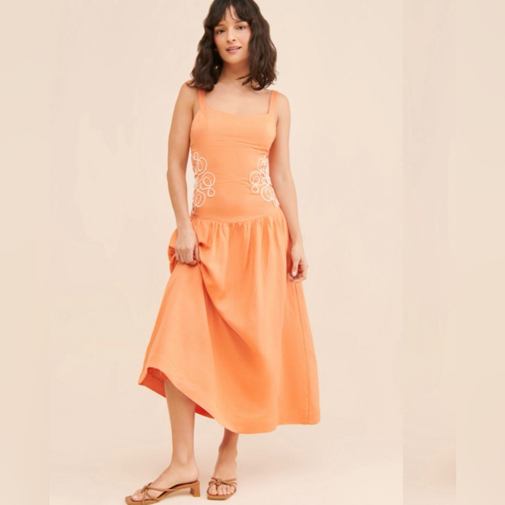Mon Renn Luna Embroidered Orange Midi Dress Size L